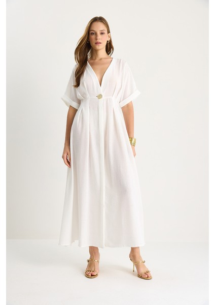 Kadın V Yaka Gold Düğme Detaylı Keten Elbise fiyatları