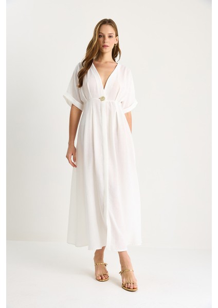 Kadın V Yaka Gold Düğme Detaylı Keten Elbise modelleri