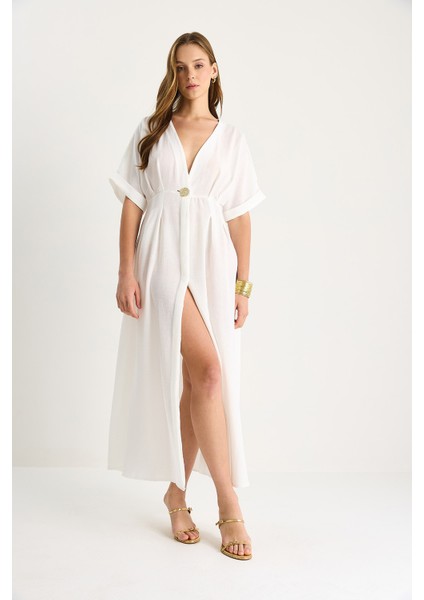 Kadın V Yaka Gold Düğme Detaylı Keten Elbise fırsatları