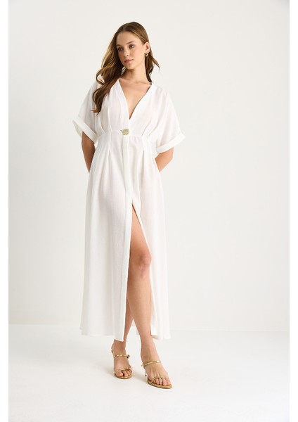 Kadın V Yaka Gold Düğme Detaylı Keten Elbise indirimleri