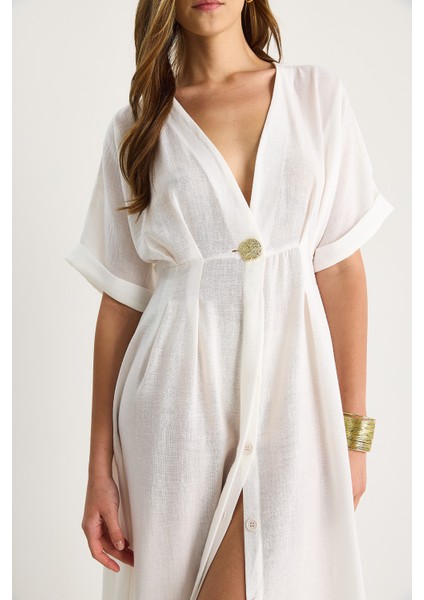 Kadın V Yaka Gold Düğme Detaylı Keten Elbise