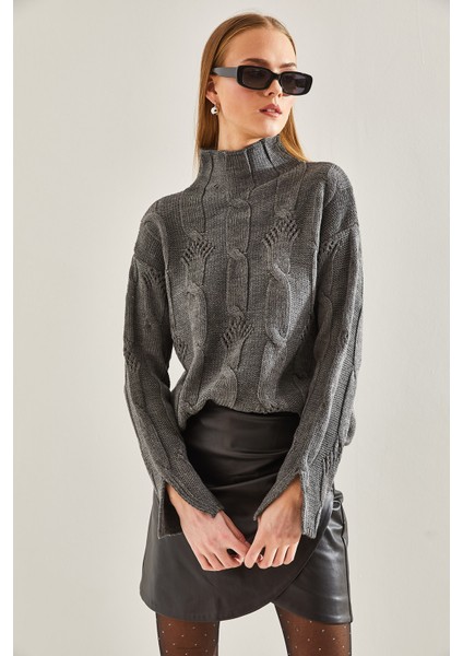 Kadın Yarım Balıkçı Yaka Saç Örgü Desenli Triko Kazak modelleri