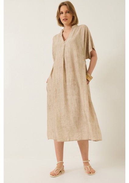 Kadın V Yaka Bağlama Detaylı Cepli Yarasa Kesim Salaş Elbise