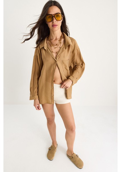 Kadın Tek Cep Detaylı Oversize Gömlek