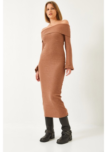 Kadın Madonna Yaka Ispanyol Kol Fitilli Elbise