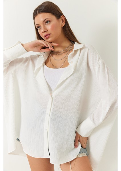 Kadın Düşük Omuz Oversize Basic Bürümcük Gömlek modelleri