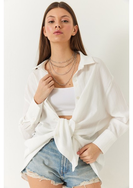 Kadın Düşük Omuz Oversize Basic Bürümcük Gömlek indirimleri
