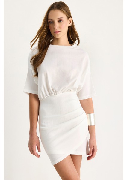 Kadın Kruvaze Etek Detaylı Beli Lastikli Basic Elbise