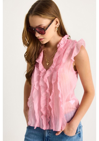 Kadın Yarı Transparan Volanlı Bluz