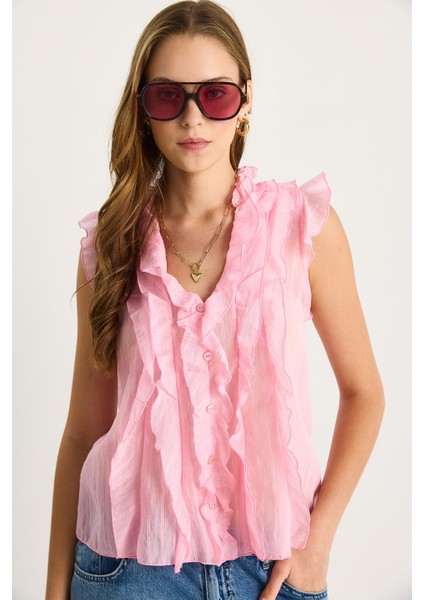 Kadın Yarı Transparan Volanlı Bluz fiyatları