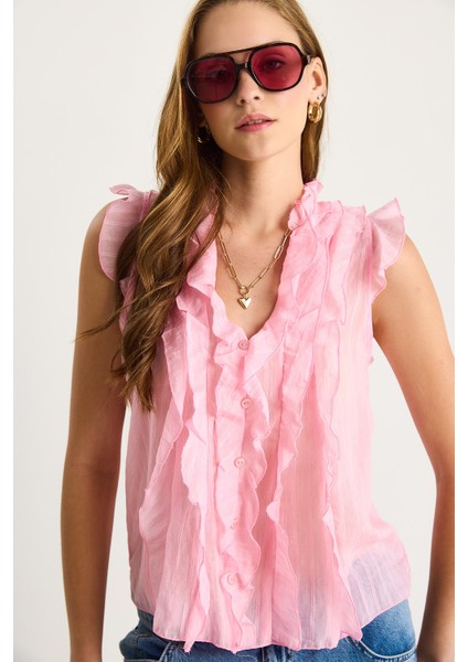 Kadın Yarı Transparan Volanlı Bluz fırsatları