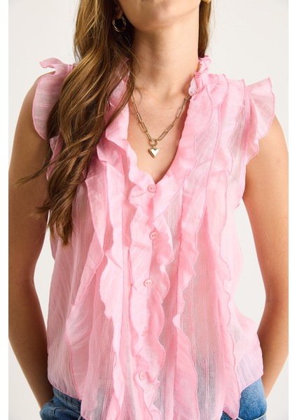 Kadın Yarı Transparan Volanlı Bluz indirimleri