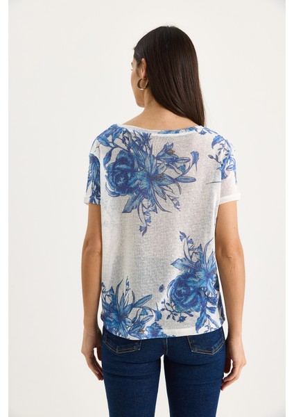 Kadın Bisiklet Yaka Desenli Dijital Baskılı Regular Yazlık Örme T-Shirt indirimleri