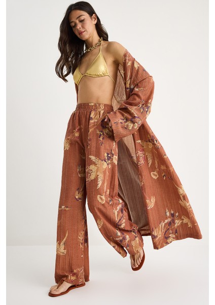 Kadın Desenli Geniş Kollu Uzun Kimonu Beli Lastikli Cepli Bol Pantolonlu Takım