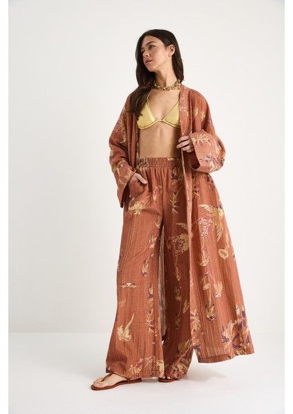 Kadın Desenli Geniş Kollu Uzun Kimonu Beli Lastikli Cepli Bol Pantolonlu Takım fiyatları