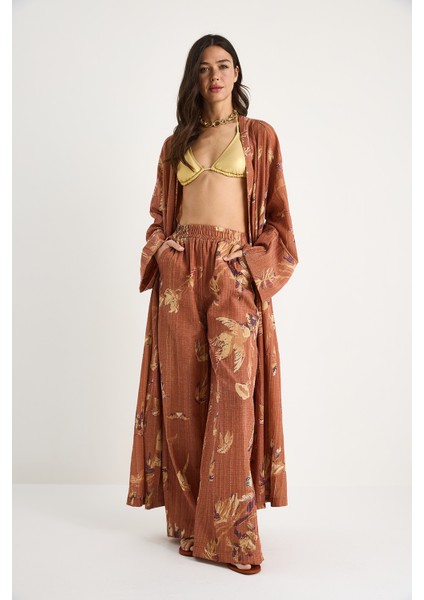 Kadın Desenli Geniş Kollu Uzun Kimonu Beli Lastikli Cepli Bol Pantolonlu Takım modelleri