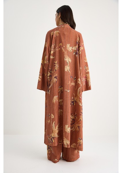 Kadın Desenli Geniş Kollu Uzun Kimonu Beli Lastikli Cepli Bol Pantolonlu Takım fırsatları