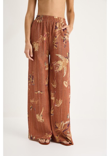 Kadın Desenli Geniş Kollu Uzun Kimonu Beli Lastikli Cepli Bol Pantolonlu Takım indirimleri