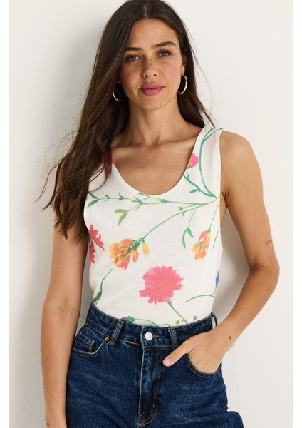 Kadın Desenli Kalın Askılı Dijital Baskılı Regular Yazlık Örme Bluz