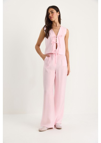 Kadın Bağlamalı Yelek Yüksek Bel Bol Pantolonlu Modal Alt-Üst Takım