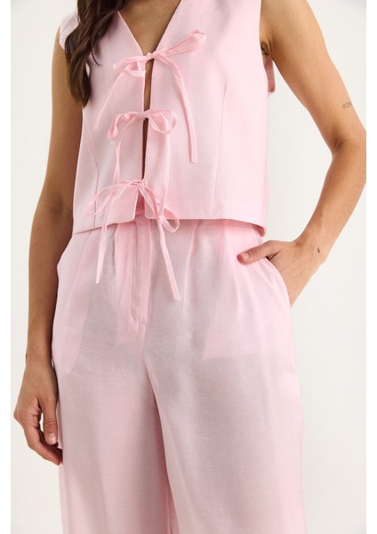 Kadın Bağlamalı Yelek Yüksek Bel Bol Pantolonlu Modal Alt-Üst Takım modelleri