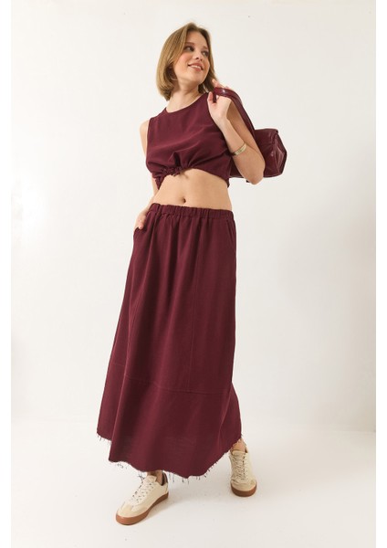 Kadın Keten Beli Bağlamalı Bluz Cep Detaylı Etek Alt-Üst Takım