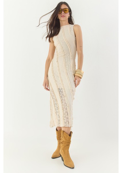 Kadın Dantel Şeritli Astarlı Midi Elbise