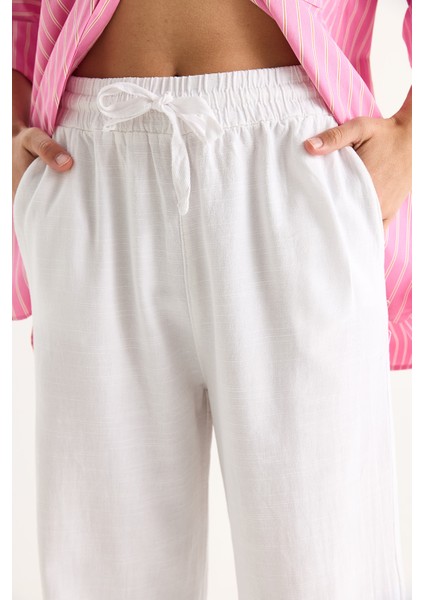 Kadın Belli Lastikli Cep Detaylı Keten Palazzo Pantolon Yp fırsatları