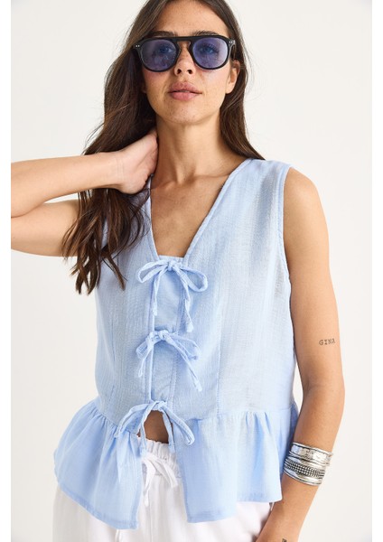 Kadın V Yaka Fiyonk Detaylı Müslin Peplum Bluz G- modelleri