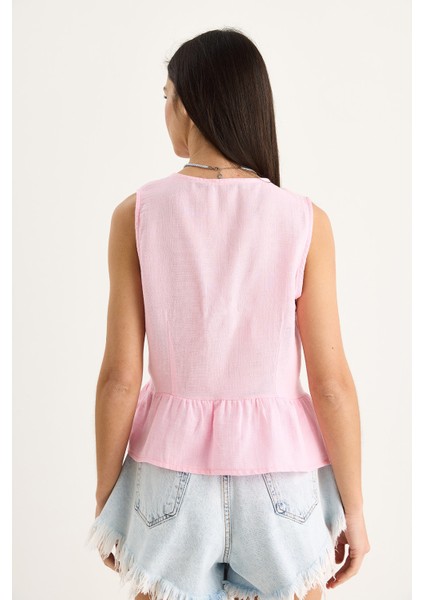 Kadın V Yaka Fiyonk Detaylı Müslin Peplum Bluz G- fırsatları