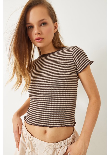 Kadın Çizgili Fitilli Kaşkorse Basic T-Shirt