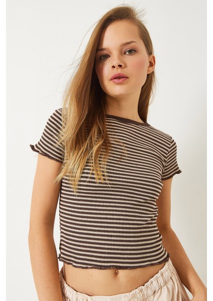 Kadın Çizgili Fitilli Kaşkorse Basic T-Shirt fiyatları