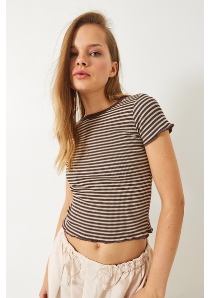 Kadın Çizgili Fitilli Kaşkorse Basic T-Shirt modelleri