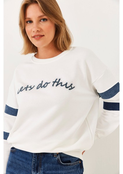 Kadın Şerit Kot Detaylı Taş Işlemeli Sweatshirt modelleri