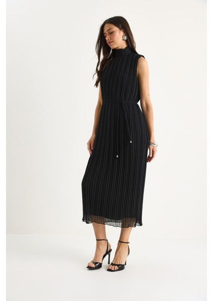 Kadın Kalın Askılı Örgü Kemerli Astarlı Midi Pilise Elbise Fe- fiyatları