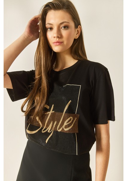 Kadın Style Yazılı Taş Baskılı Rahat Kalıp Pamuklu T-Shirt