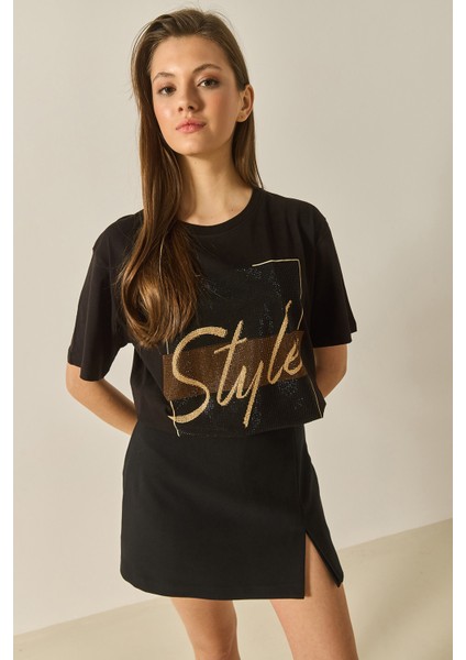 Kadın Style Yazılı Taş Baskılı Rahat Kalıp Pamuklu T-Shirt fiyatları