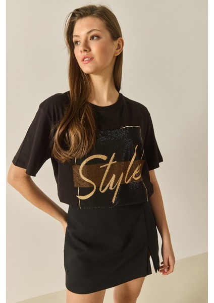 Kadın Style Yazılı Taş Baskılı Rahat Kalıp Pamuklu T-Shirt modelleri