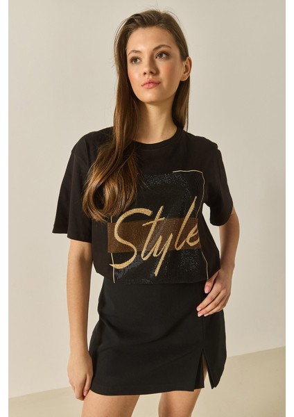 Kadın Style Yazılı Taş Baskılı Rahat Kalıp Pamuklu T-Shirt fırsatları