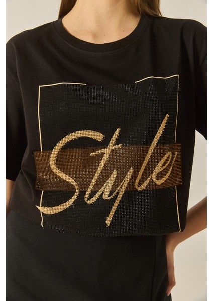 Kadın Style Yazılı Taş Baskılı Rahat Kalıp Pamuklu T-Shirt indirimleri