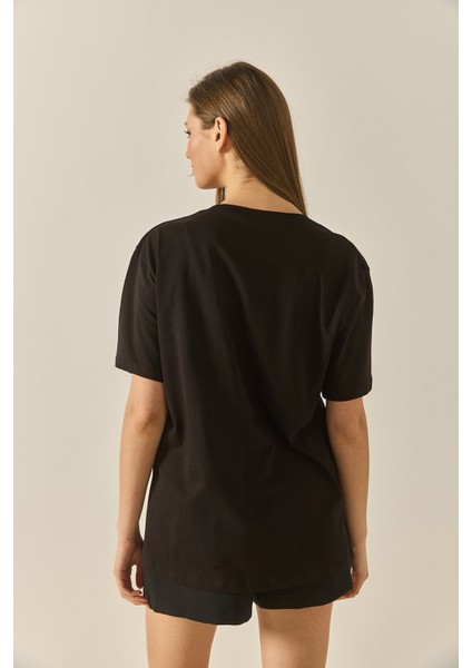 Kadın Style Yazılı Taş Baskılı Rahat Kalıp Pamuklu T-Shirt