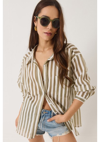 Kadın Çizgili Tek Cep Detaylı Oversize Gömlek