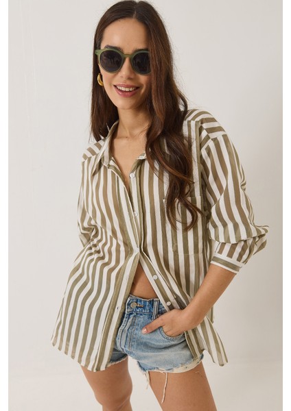 Kadın Çizgili Tek Cep Detaylı Oversize Gömlek modelleri