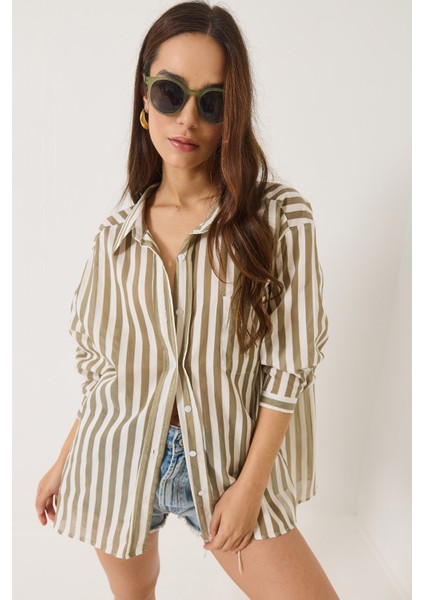 Kadın Çizgili Tek Cep Detaylı Oversize Gömlek indirimleri