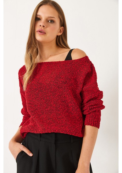 Kadın Kayık Yaka File Detay Ajurlu Triko Bluz