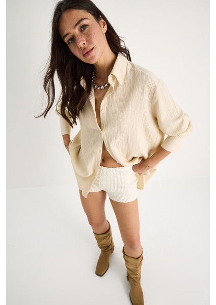Kadın Düşük Omuz Oversize Basic Bürümcük Gömlek