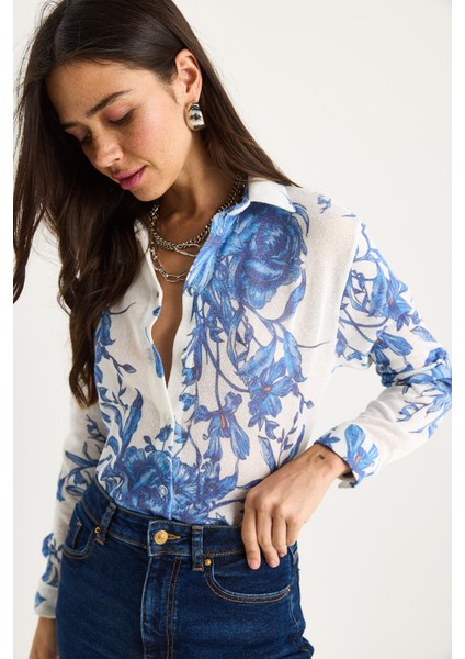 Kadın Desenli Dijital Baskılı Regular Yazlık Örme Gömlek