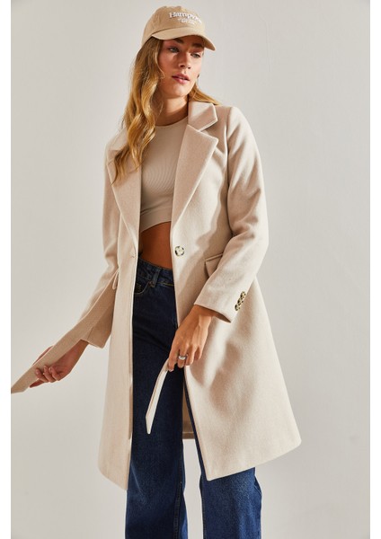 Kadın Tek Düğmeli Kuşaklı Astarlı Kaşe Kaban