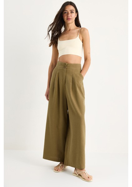 Kadın Yüksek Bel Pile Detaylı Cepli Bol Paça Pantolon