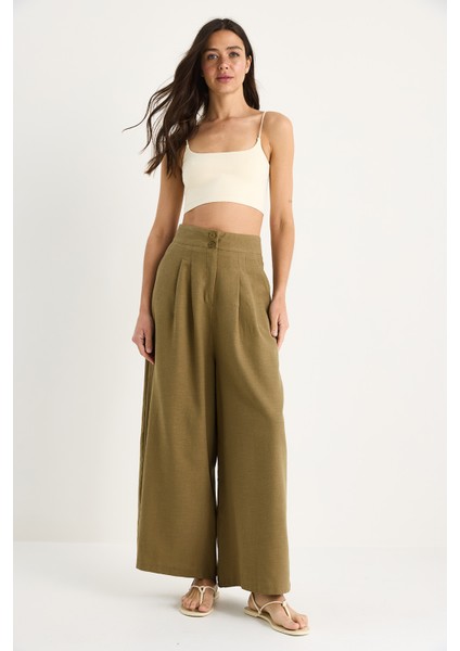 Kadın Yüksek Bel Pile Detaylı Cepli Bol Paça Pantolon fiyatları